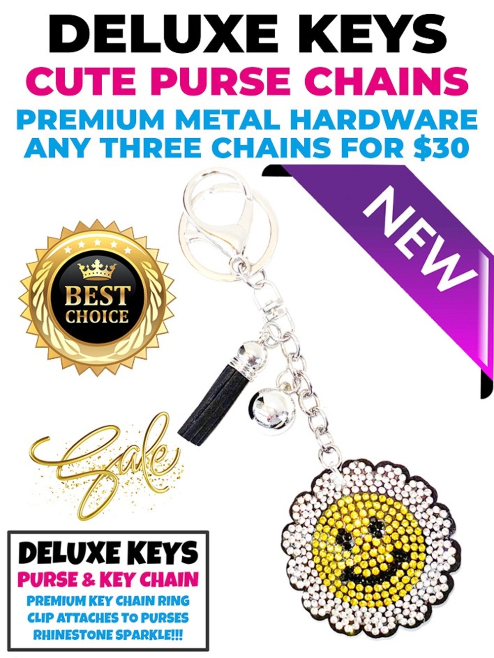 DeLuxe Keys Rhinestone Keychain/Purse Chain Small Smiley Flower